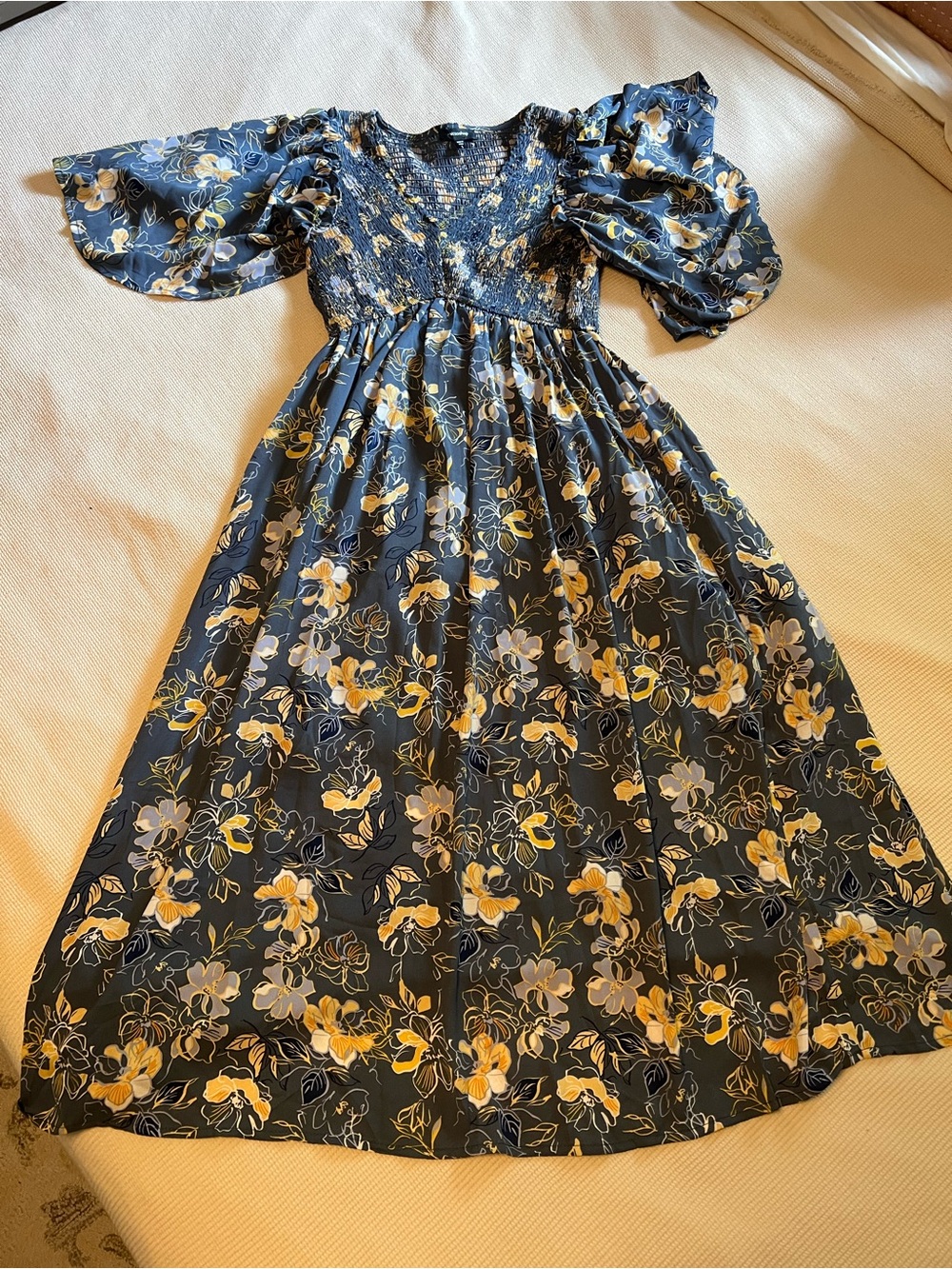 Floral Smocked Midi Maternity Dress in Navy and Yellow